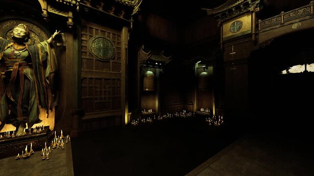 intimate candlelit shrine showing bronze guardian and carved reliefs, close detail of patina, warm glow and quiet devotional objects arranged on altar