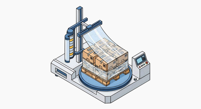 Automated industrial machine wrapping palletized cargo with plastic film for shipping and logistics