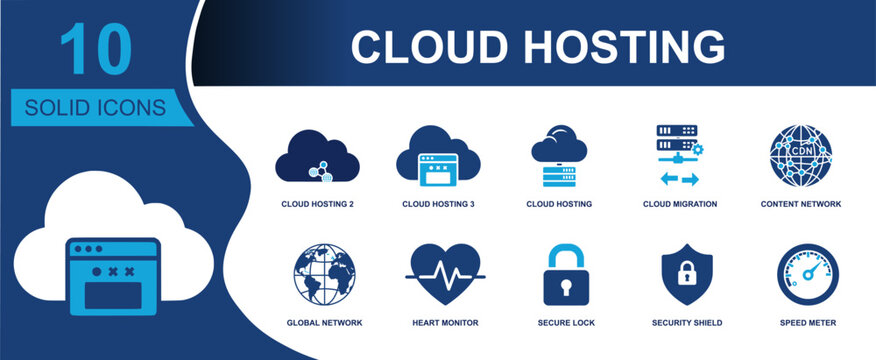 Cloud hosting icon set. Containing cloud server, web app, cloud migration, content network, global network, heart monitor, secure lock, shield, speed meter and more. Solid fill vector icons.
