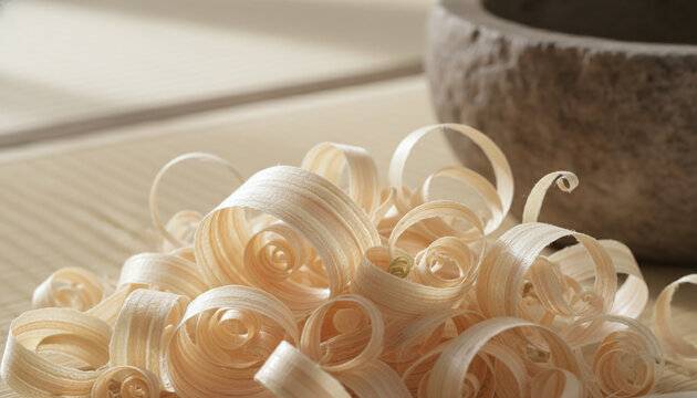 Japanese Hinoki cypress wood shavings curled wooden ribbons macro