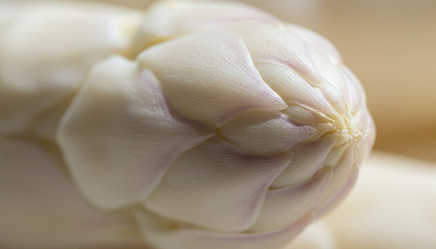 Raw white asparagus spear tip macro with creamy ivory and violet scales