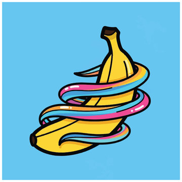 Colorful bananas with rubber bands wrapped.
