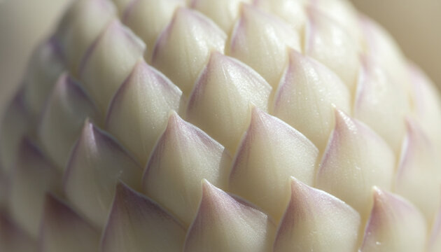 Raw white asparagus spear tip macro with creamy ivory and violet scales