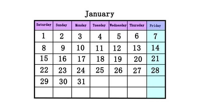 January calendar grid with first nine days shown date day month schedule