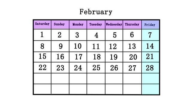 February calendar grid with first nine days shown date day month schedule
