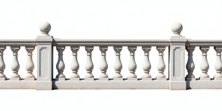 Elegant stone balustrade detail isolated on white. Classic architectural element with smooth balusters and ornate posts. Suitable for luxury interior design concepts.