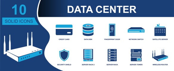 Data center icon set. Containing credit card, data disk, fingerprint door, network switch, satellite server, shield, server rack, server tower, router and more. Solid fill vector icons. © Asad