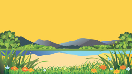 Fototapeta premium serene landscape with mountains lake and grassy foreground