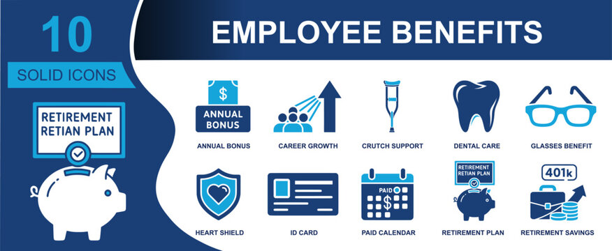 Employee benefits icon set. Containing bonus, career growth, crutch support, dental care, glasses, heart shield, ID card, paid calendar, retirement and more. Solid fill vector icons.