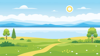 Fototapeta premium serene landscape with lake and mountains vector illustration