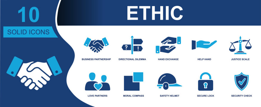 Ethics icon set. Containing partnership, dilemma signs, hand exchange, help hand, justice scale, love partners, moral compass, safety helmet, secure lock and more. Solid fill vector icons.