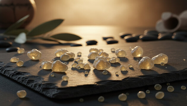 Raw Chios Mastic resin tears macro glowing on dark slate background