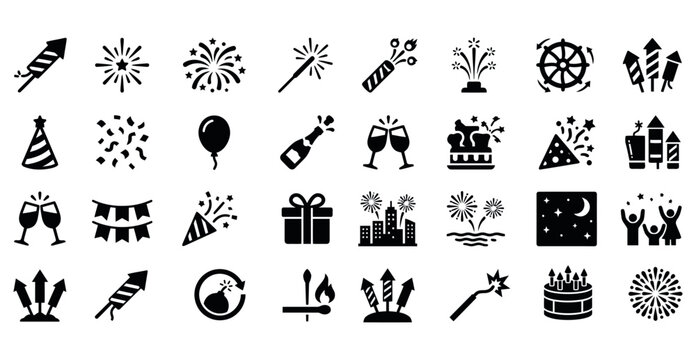 Celebration icons set fireworks party supplies and festive decorations silhouette collection