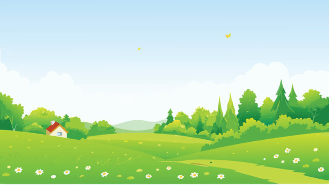 idyllic countryside landscape with green hills and small house