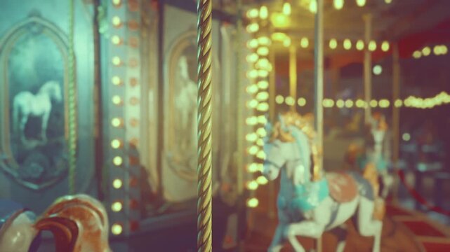 Rimlit carousel horse with shallow depth, warm edge light emphasizing mane and saddle background horses softly recede, creating layered composition
