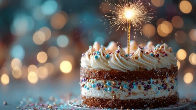 Delicious birthday cake with a burning sparkler and colorful sprinkles on a bokeh lights background