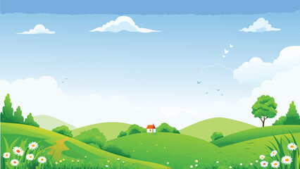 idyllic countryside landscape with rolling hills and blue sky © PUNNABEGUM