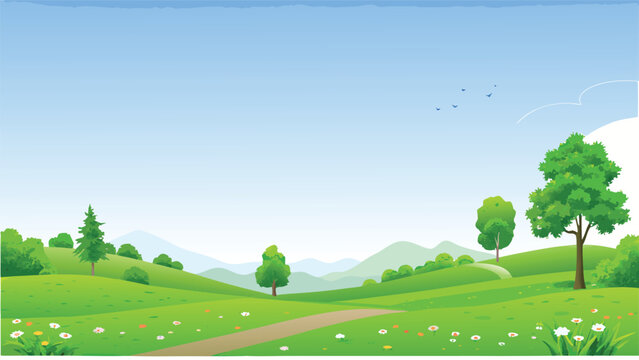 idyllic landscape illustration with green hills and blue sky