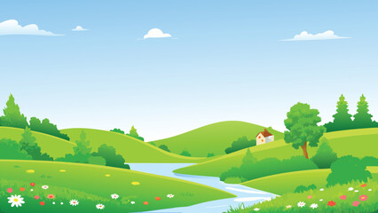 idyllic countryside landscape with river and small house vector illustration © PUNNABEGUM