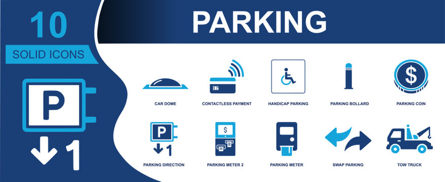 Parking icon set. Containing car dome, contactless payment, handicap parking, bollard, parking coin, direction sign, parking meter, swap arrows, tow truck and more. Solid fill vector icons.