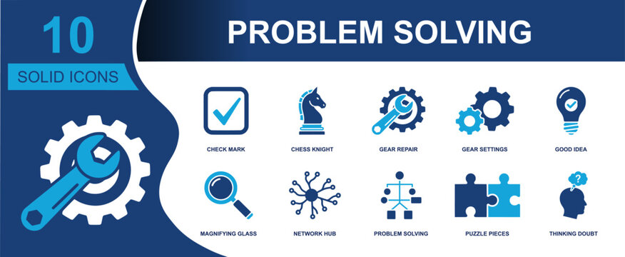 Problem solving icon set. Containing check mark, chess knight, gear repair, settings, idea, magnifying glass, network hub, puzzle pieces, thinking doubt and more. Solid fill vector icons.