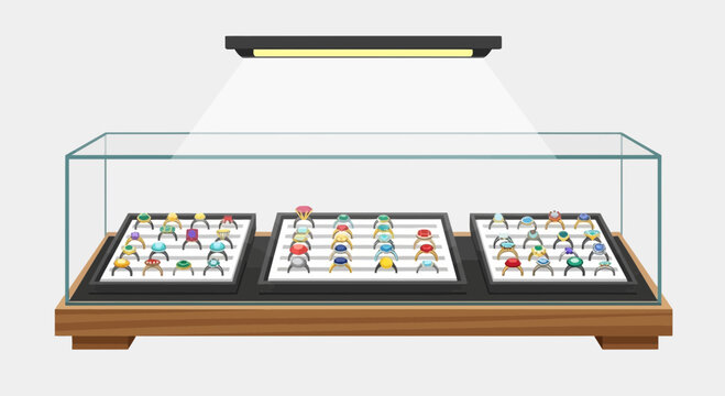 Colorful framed pictures in display case.
