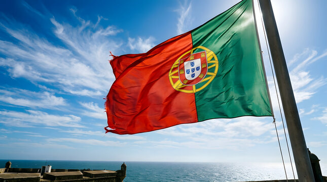 Portuguese national flag waving near coastal water and boats transparent background