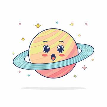Cute Cartoon Planet with Rings and Surprised Expression