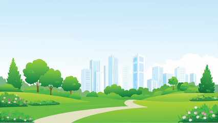 Cityscape park illustration with green trees and blue sky © PUNNABEGUM