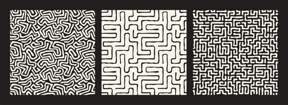 Vector seamless pattern set. Monochrome natural maze. Monochrome abstract backgrounds. Vector hand-drawn surface design.