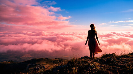 Fototapeta premium Woman overlooking ethereal pink cloud sea from mountain peak at sunset, serene summer landscape, freedom and inspiration concept, mindfulness travel, dreamy golden hour horizon.