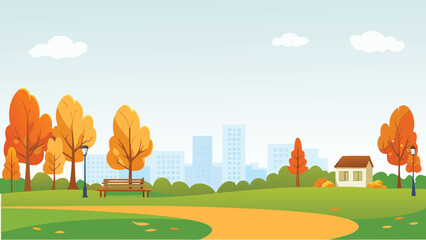 Fototapeta premium autumn park landscape with trees and city skyline