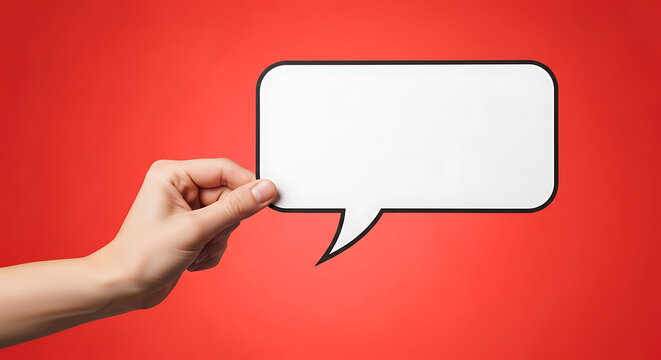 Hand holding a white speech bubble on a red background for communication and dialogue
