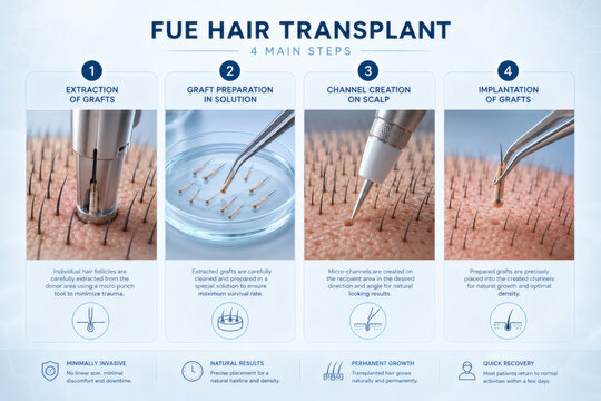 FUE hair transplant technique step by step infographic diagram.