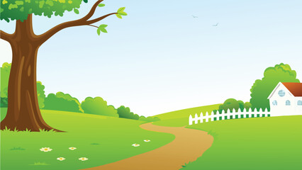 idyllic countryside landscape with trees path and house illustration © PUNNABEGUM