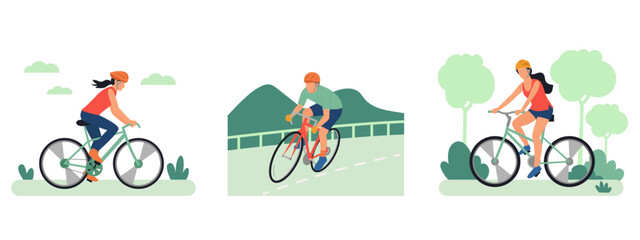Naklejka premium Flat vector illustration of people riding bicycles, active cyclists on road and park paths, set of 3 outdoor cycling scenes for healthy lifestyle