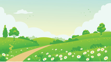 cartoon landscape with path and wildflowers vector illustration © PUNNABEGUM