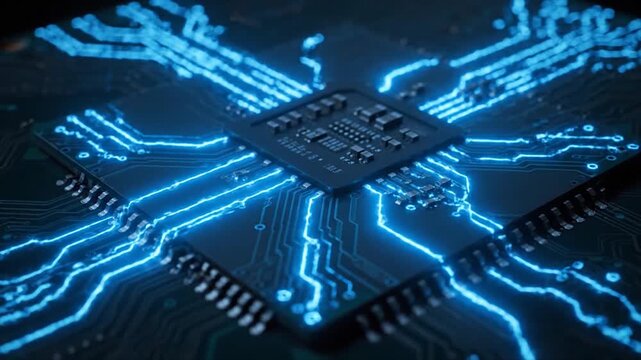 Microchip processor with glowing blue circuit lines on dark electronic board background