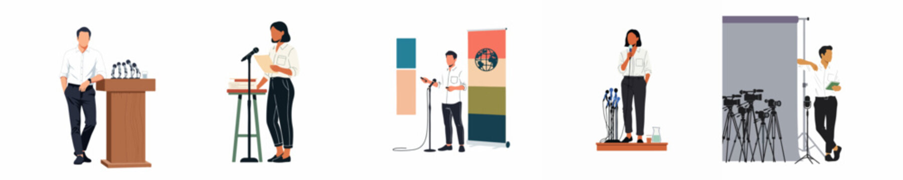 Set of professional illustrations depicting public speaking, press conferences, and media presentations featuring diverse speakers and equipment on a white background.