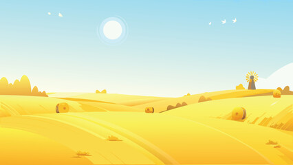 Fototapeta premium golden wheat field landscape with blue sky and sun