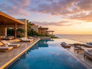 Fototapeta premium Luxury Infinity Pool at Sunset with Ocean View and Tropical Resort