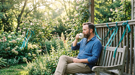 Obraz premium Bearded father drinking coffee in sunlit garden, peaceful morning on porch, Father's Day celebration, relaxed middle-aged man enjoying nature, outdoor lifestyle portrait.