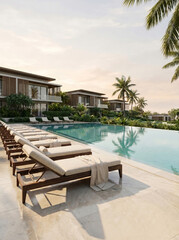 Fototapeta premium Luxury Resort Poolside with Sun Loungers and Modern Villa Architecture