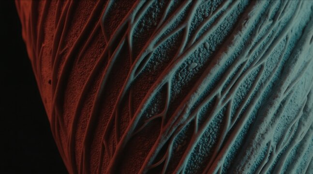 Close view of organic alien skin texture with visible veins. Surface has bumpy texture and is lit with red and blue lights. Abstract concept.