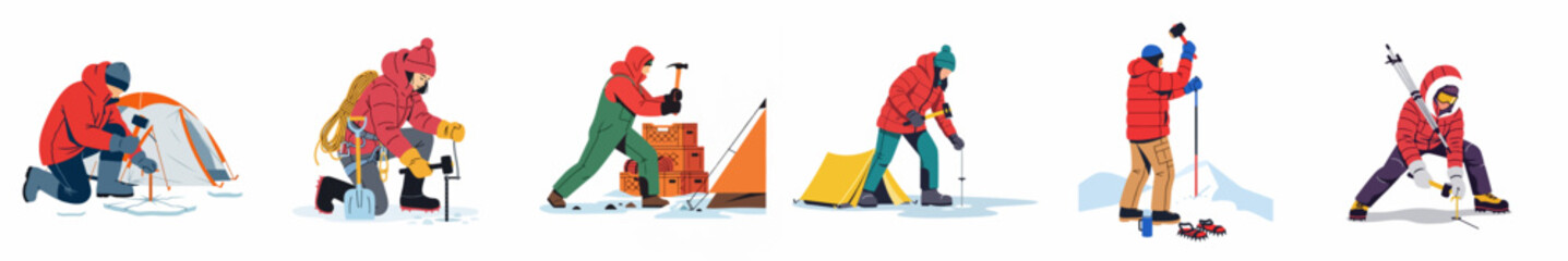 Set of flat illustrations featuring people in arctic gear setting up camp, drilling ice, and using various tools for polar research and exploration. © Maya