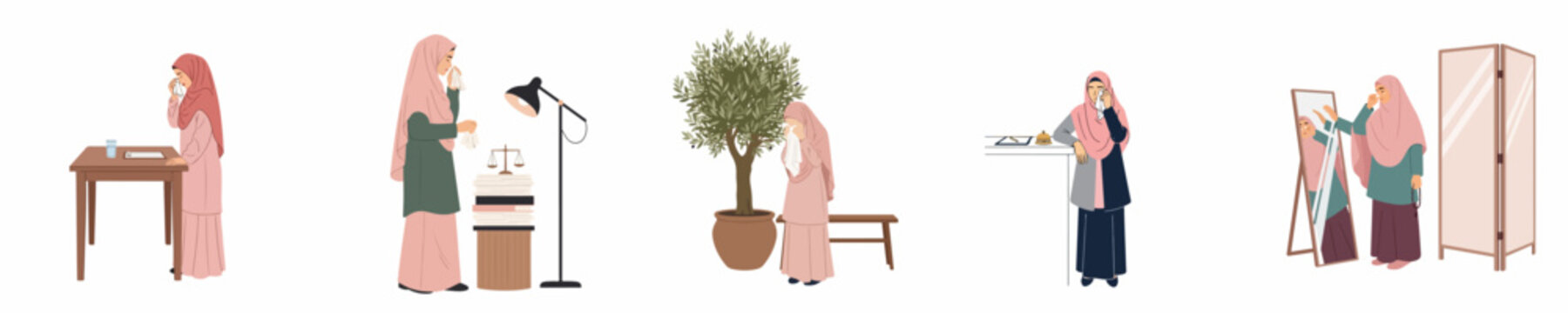 Illustration Set of a Muslim Woman in Hijab Expressing Sadness and Crying in Various Professional, Public, and Private Settings