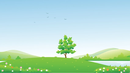 idyllic landscape with green hills tree and blue sky © PUNNABEGUM