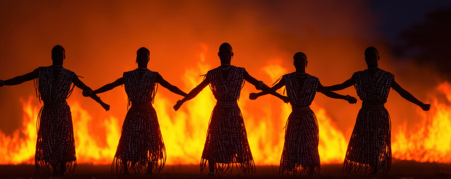 Traditional African tribal dance bonfire night silhouette group firelight Traditional African tribal dance circle near bonfire night