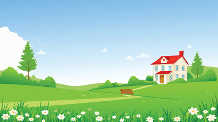 Naklejka premium cartoon house in green landscape with blue sky
