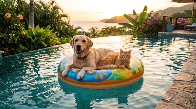 Golden Retriever and ginger cat relaxing on a colorful donut pool float in a luxury infinity pool at sunset, tropical vacation vibes, pet friendship, summer leisure lifestyle.